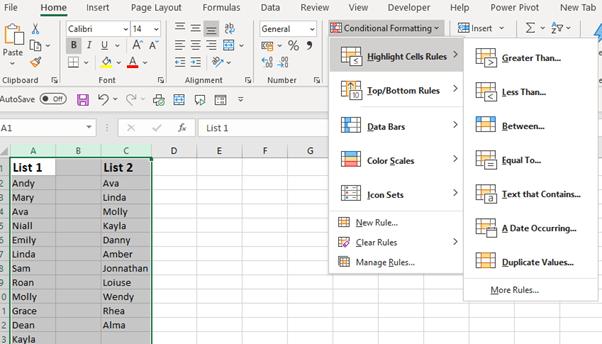 ách so sánh hai tập dữ liệu trong Excel tìm ra sự trùng lặp và khác biệt
